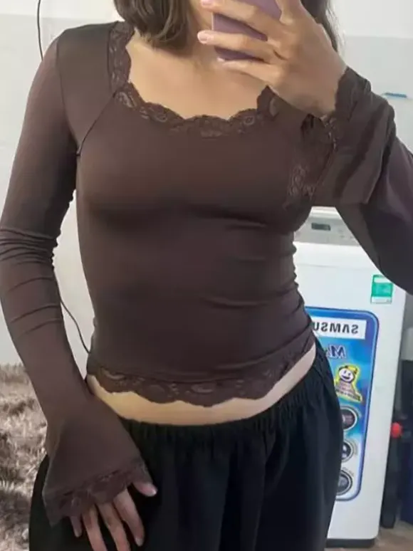 Haut court pour femme marron café en dentelle à col rond et manches longues style chic