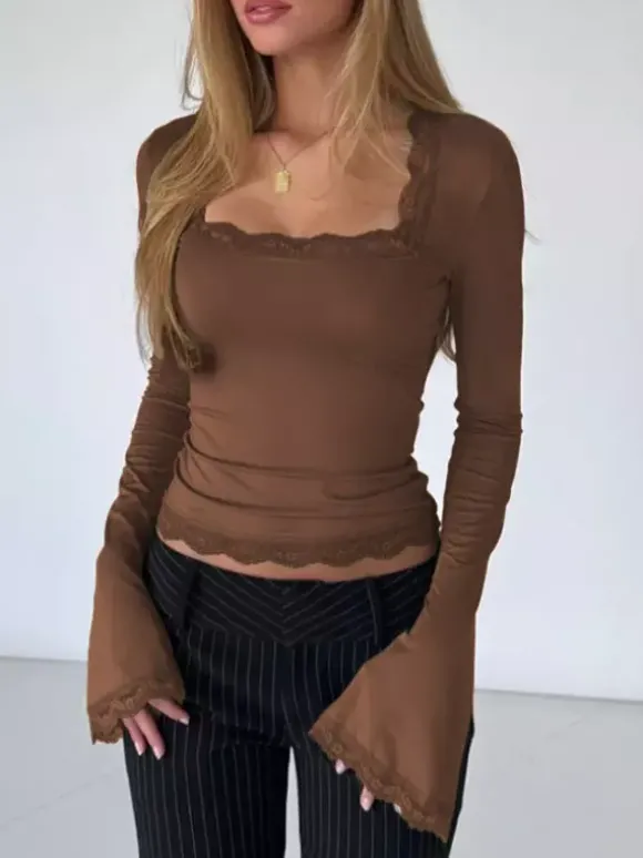 Haut court pour femme marron café en dentelle à col rond et manches longues style chic
