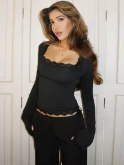 Haut court pour femme marron café en dentelle à col rond et manches longues style chic