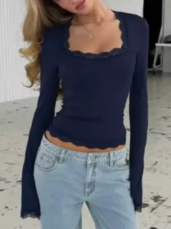 Haut court pour femme marron café en dentelle à col rond et manches longues style chic