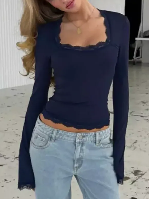 Haut court pour femme marron café en dentelle à col rond et manches longues style chic