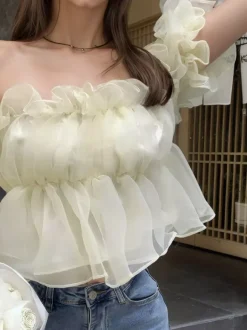 Haut court péplum en organza à épaules dénudées et manches bouffantes blouse féerique pour femme
