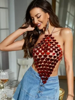 Haut de club en acrylique rouge en forme de c艙ur pour femme 2026