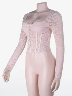 Haut en dentelle rose style corset pour femme - Chemisier bustier élégant à manches longues et décolleté c艙ur - Tenue de soirée printanière 2026
