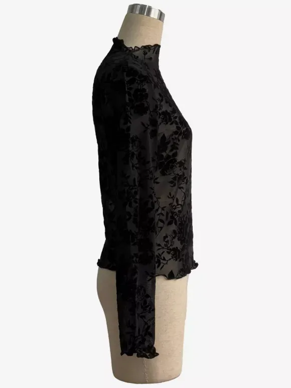 Haut moulant à col montant imprimé floral floqué manches longues transparentes style skinny collection femme 2026