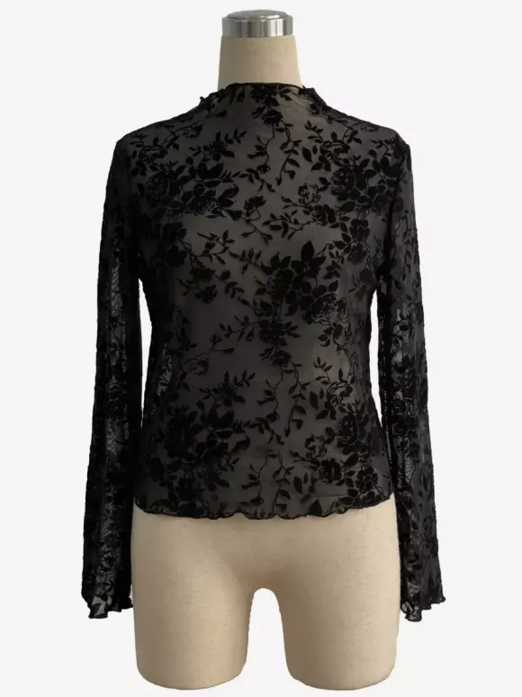 Haut moulant à col montant imprimé floral floqué manches longues transparentes style skinny collection femme 2026