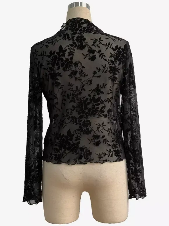 Haut moulant à col montant imprimé floral floqué manches longues transparentes style skinny collection femme 2026