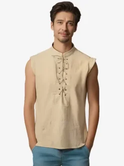 Haut Noir Vintage Élégant En Polyester À Lacets Sans Manches Costume Rétro Homme