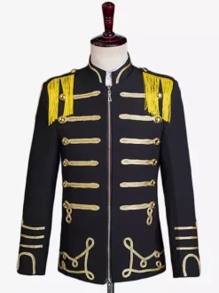 Haut noir vintage style européen en polyester à franges boutons blocs de couleurs manches longues costumes rétro pour homme