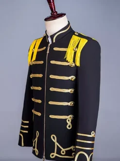 Haut noir vintage style européen en polyester à franges boutons blocs de couleurs manches longues costumes rétro pour homme