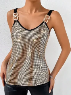 Hauts de soirée élégants à bretelles et sequins au col sans manches