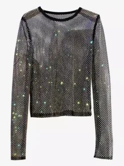 Hauts de soirée sexy à col rond orné de strass manches longues en polyester