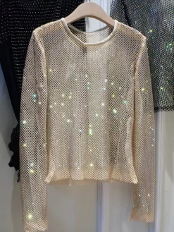 Hauts de soirée sexy à col rond orné de strass manches longues en polyester