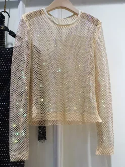 Hauts de soirée sexy à col rond orné de strass manches longues en polyester