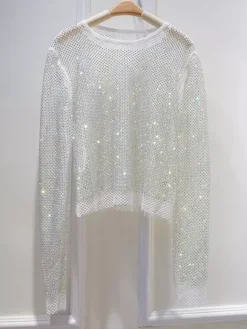 Hauts de soirée sexy à col rond orné de strass manches longues en polyester