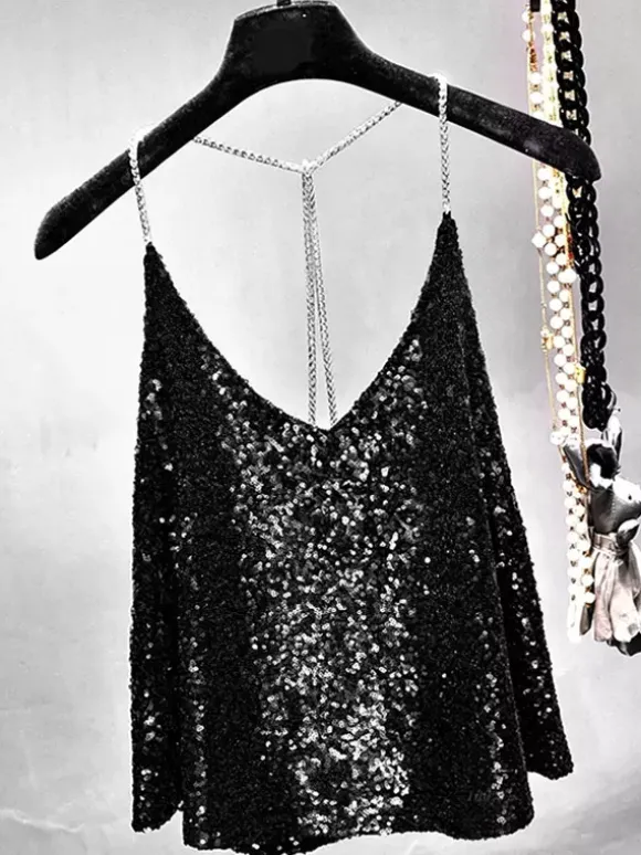 Hauts tendance pour soirées bretelles col à paillettes chaînes sans manches dos nu