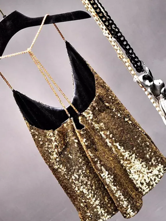 Hauts tendance pour soirées bretelles col à paillettes chaînes sans manches dos nu