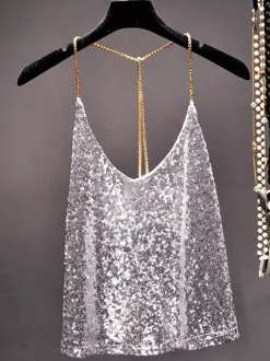 Hauts tendance pour soirées bretelles col à paillettes chaînes sans manches dos nu