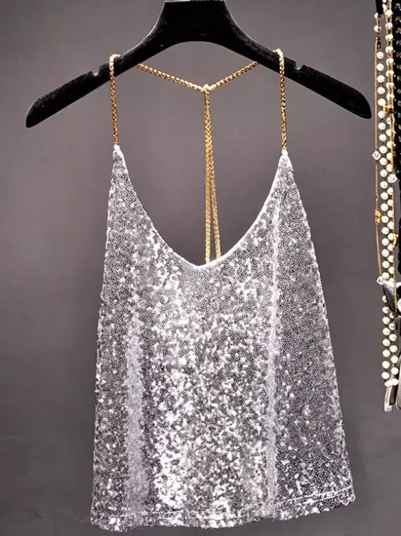 Hauts tendance pour soirées bretelles col à paillettes chaînes sans manches dos nu