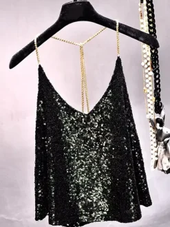 Hauts tendance pour soirées bretelles col à paillettes chaînes sans manches dos nu
