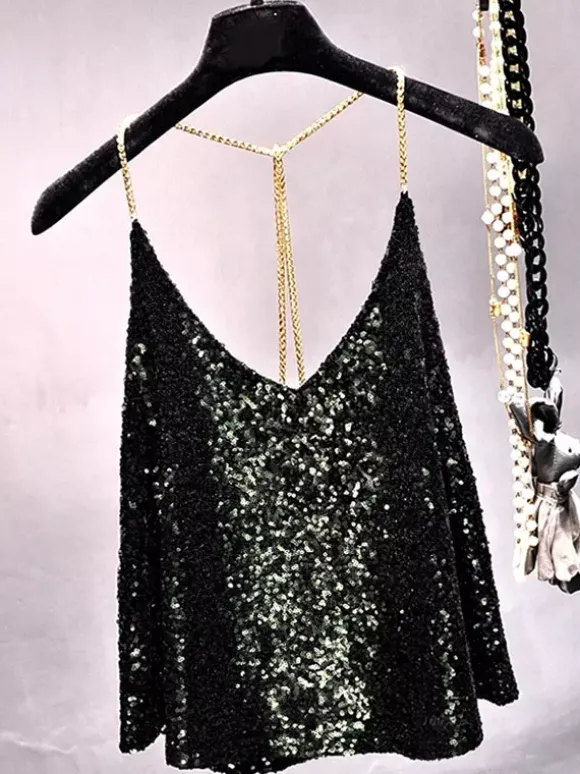 Hauts tendance pour soirées bretelles col à paillettes chaînes sans manches dos nu