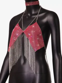 Hauts de soirée à bretelles dos nu chaînes strass et motifs géométriques