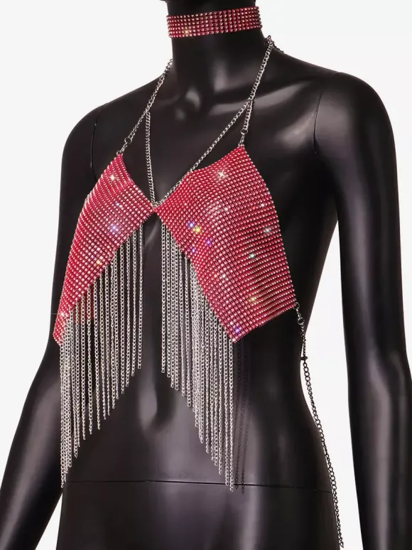 Hauts de soirée à bretelles dos nu chaînes strass et motifs géométriques