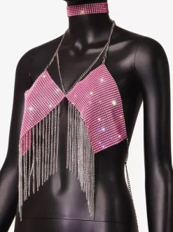 Hauts de soirée à bretelles dos nu chaînes strass et motifs géométriques