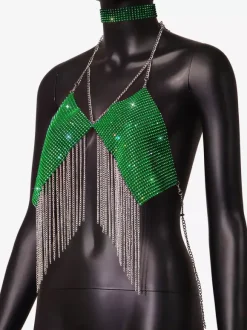 Hauts de soirée à bretelles dos nu chaînes strass et motifs géométriques