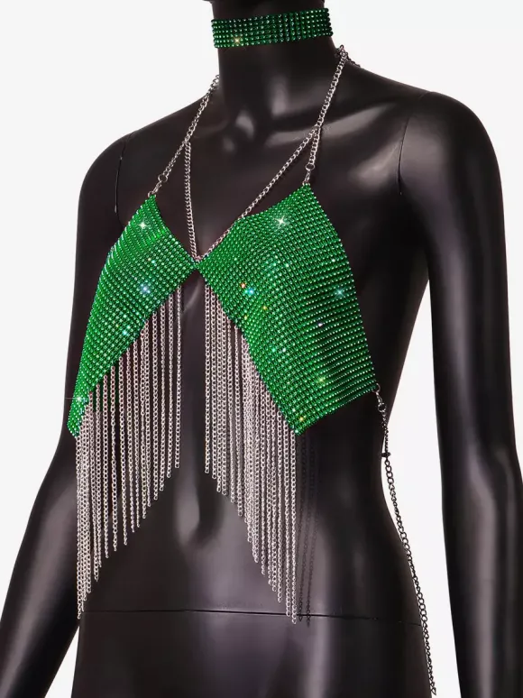 Hauts de soirée à bretelles dos nu chaînes strass et motifs géométriques