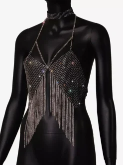 Hauts de soirée à bretelles dos nu chaînes strass et motifs géométriques