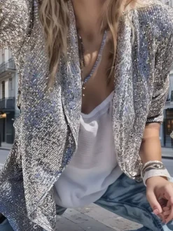 Hauts de soirée tendance col rabattu sequins manches longues blazers cardigans