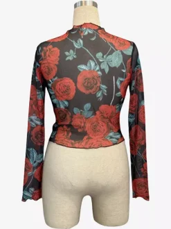 Haut skinny à manches longues en maille imprimé floral rose vintage et bordure en laitue pour femme 2026
