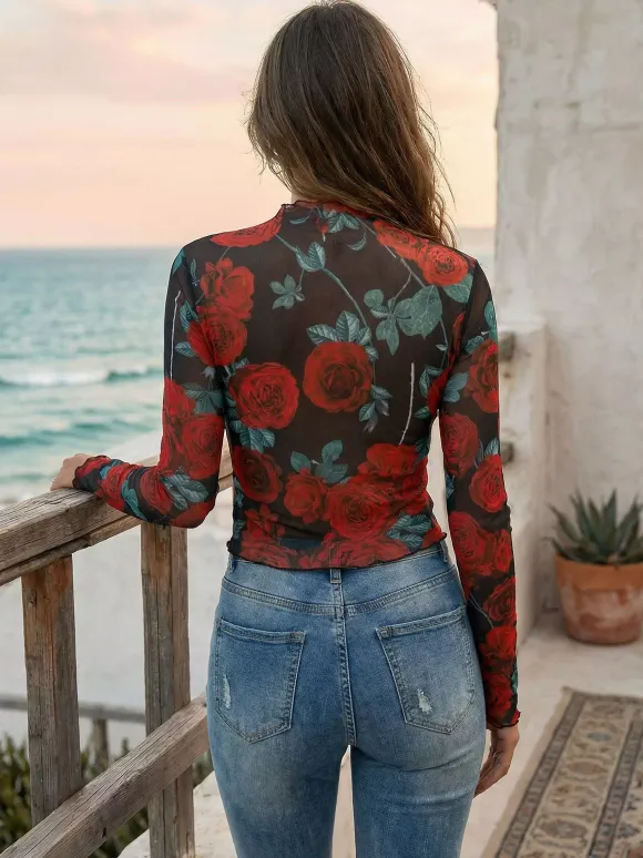 Haut skinny à manches longues en maille imprimé floral rose vintage et bordure en laitue pour femme 2026
