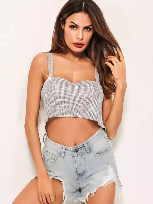 Hauts tendance pour soirées à sequins épaules dénudées sans manches et dos nu.