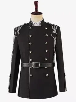 Haut vintage noir vintage chaînes boutons manches longues pardessus en polyester costumes rétro pour homme