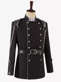 Haut vintage noir vintage chaînes boutons manches longues pardessus en polyester costumes rétro pour homme