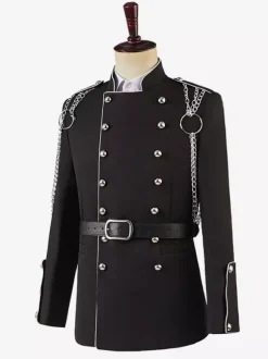 Haut vintage noir vintage chaînes boutons manches longues pardessus en polyester costumes rétro pour homme