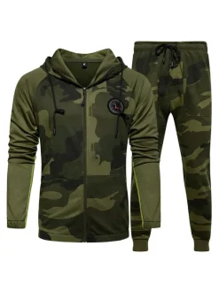 Hommes Activewear Ensemble 2 Pièces Camouflage Manches Longues Capuche Gris Activewear Outfit