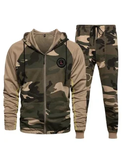Hommes Activewear Ensemble 2 Pièces Camouflage Manches Longues Capuche Gris Activewear Outfit