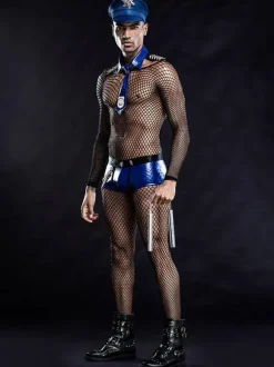 Hommes Sexy Costume Halloween Adulte Combinaison Cravate Chapeau Pantalon Costume de Club Police