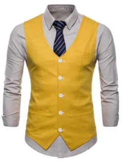 Hommes costume gilet col en V coton poche en lin coupe régulière gilet décontracté