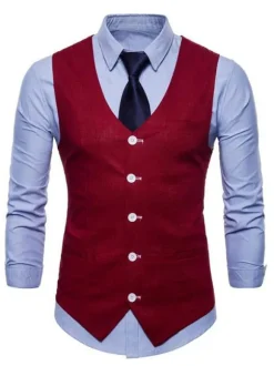 Hommes costume gilet col en V coton poche en lin coupe régulière gilet décontracté