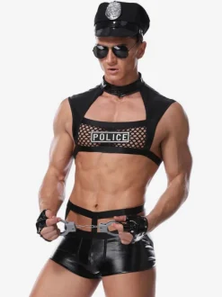 Hommes Sexy Costume Halloween Police Adulte Pantalon Top Gants Chapeau PU Cuir Tenu de Club Lingerie