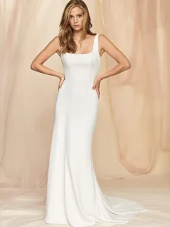 Ivoire Simple Robe De Mariée Gaine Col Carré Sans Manches Dos Nu Stretch Crêpe Tulle Longues Robes De Mariée