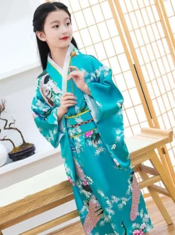 Japonais Costumes Kimono Cyan Bleu Enfants Oriental Fille Robe Costumes de Fêtes Déguisements Halloween