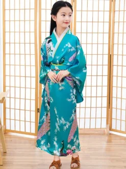 Japonais Costumes Kimono Cyan Bleu Enfants Oriental Fille Robe Costumes de Fêtes Déguisements Halloween