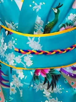 Japonais Costumes Kimono Cyan Bleu Enfants Oriental Fille Robe Costumes de Fêtes Déguisements Halloween