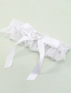 Jarretière mariage 2026 en satin avec strass et noeud