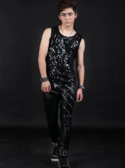 Jazz Dance Costume Hommes Argent Gilet Sequin Glitter Hip Hop Danse Porter Déguisements Halloween